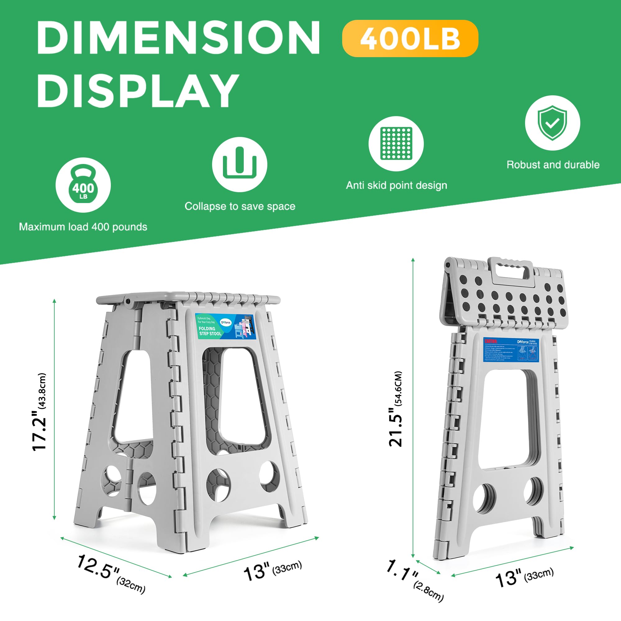 Dyforce Sgabello pieghevole da 17,5 cm, capacità 181,4 kg, in plastica robusta, pieghevole, per adulti e bambini, con manico, facile da trasportare, sgabello pieghevole, ideale per la cucina (grigio,
