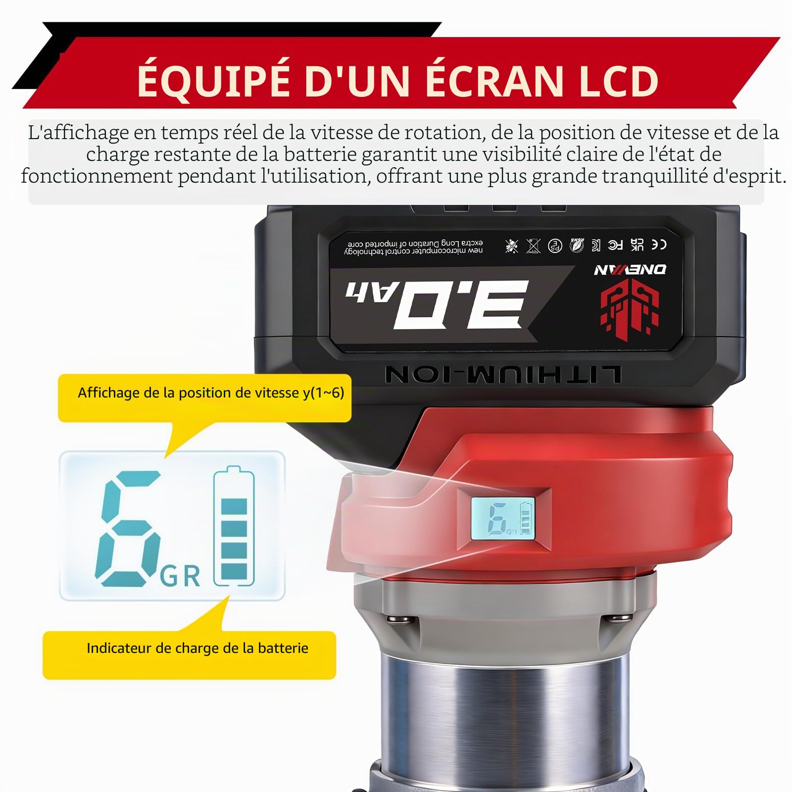 ONEVAN Affleureuse sans fil, fraisage de 30mm, avec 3 pinces et 2x 3,0Ah | 6 vitesses, sans balais, affichage numérique, pinces 6/6,35/8 mm, raccordable à un aspirateur [ébénisterie] [bois DIY]
