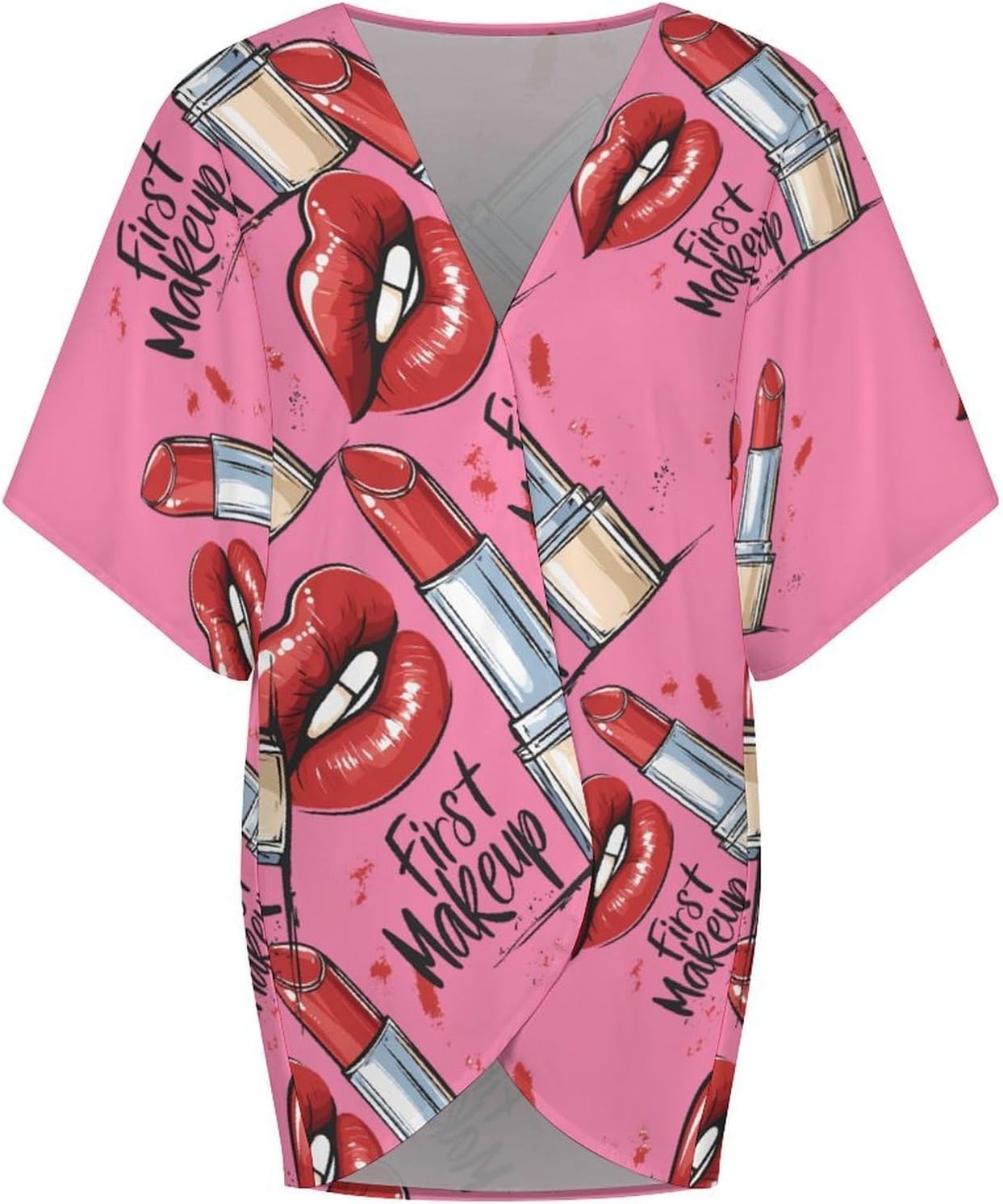 First Makeup Lips Women's Open Front Cardigan Short Sleeves Jacket Lightweight Sweaters Tops