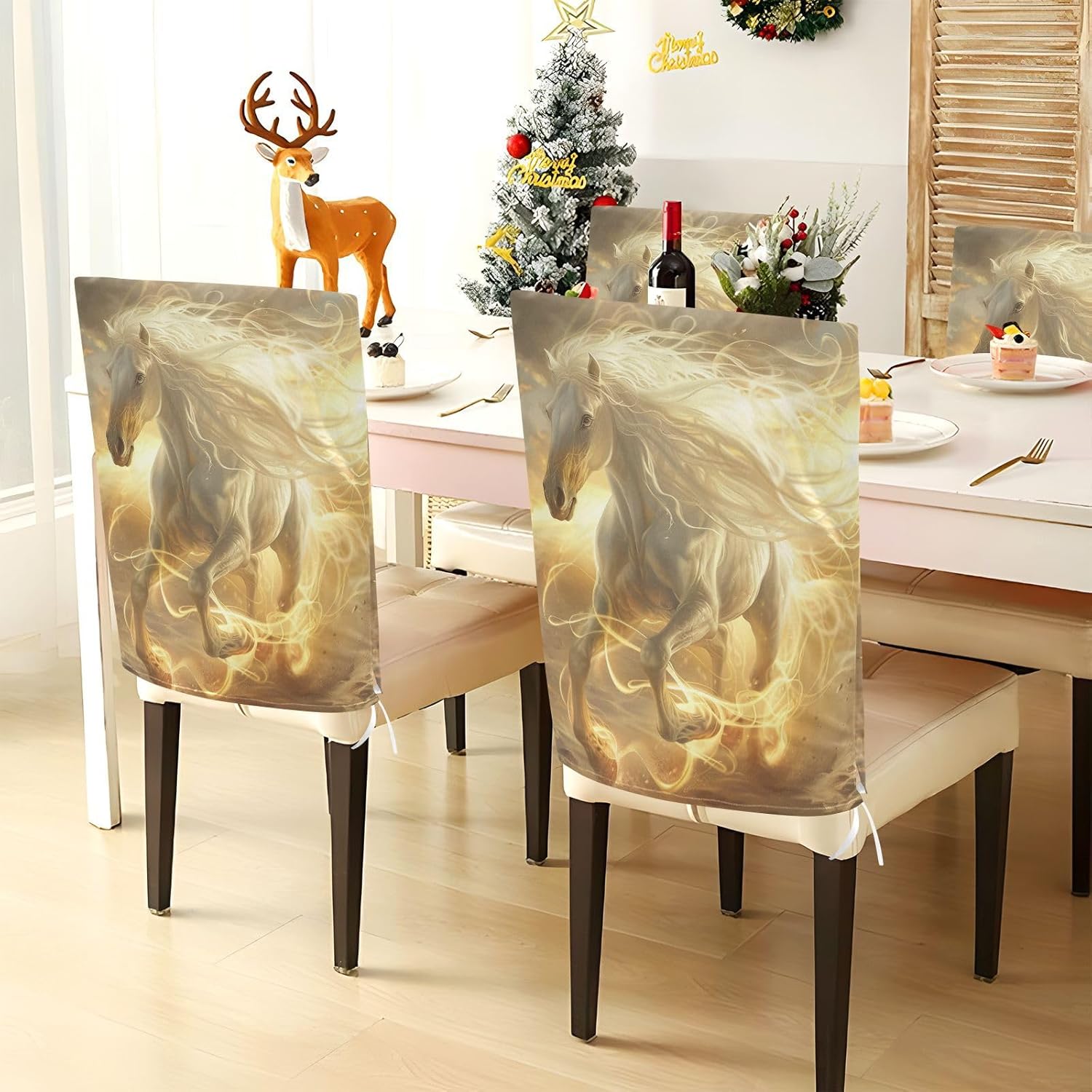 ALAZA Beautiful Running Horse Chair Back Cover Set of 6, Washable Reusable Removable Chair Slipcovers Decorative Chair Cover for Home Kitchen Wedding Party