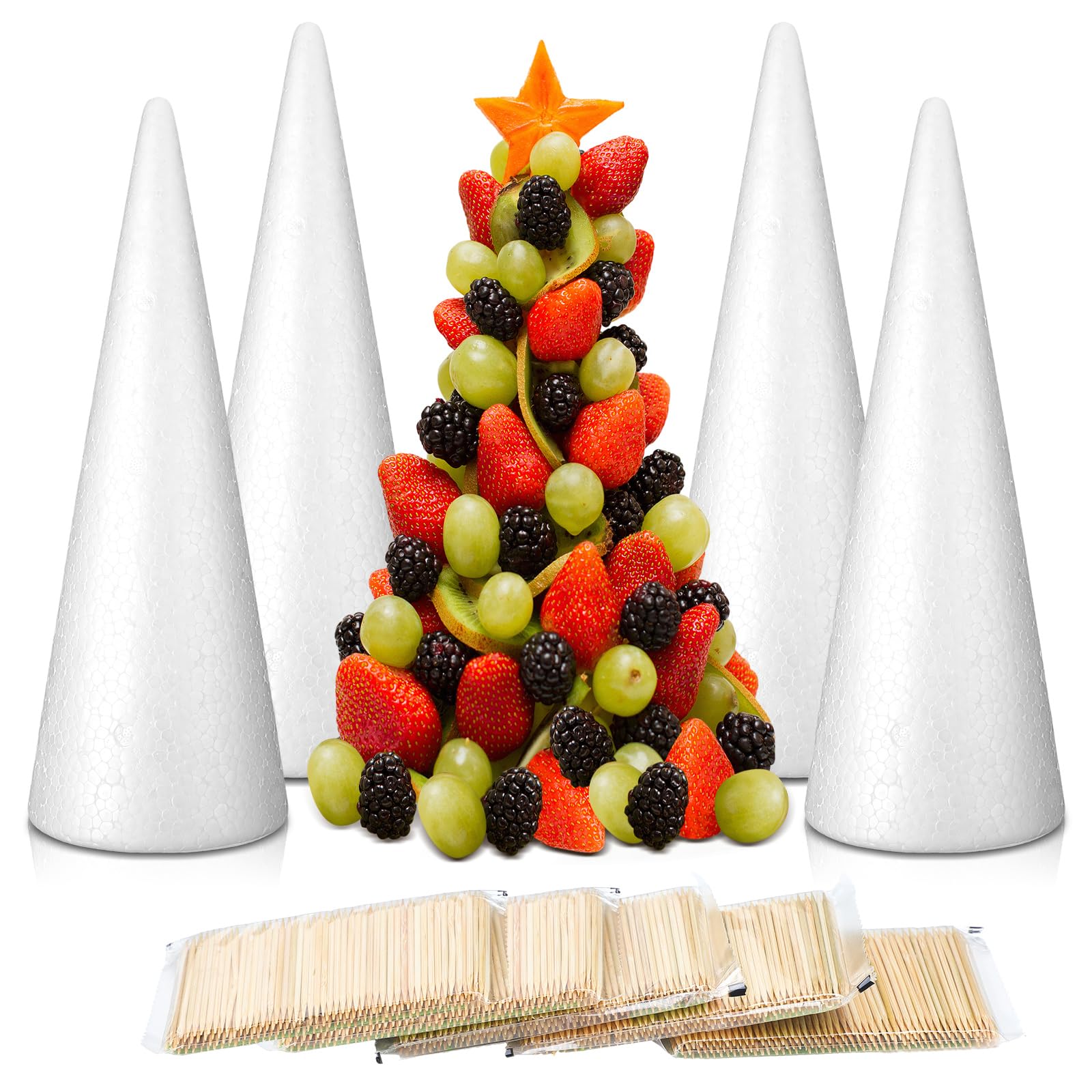 904 Stück Schaumstoffkegel zum Basteln mit 900 Zahnstochern aus Bambusholz, 4 Weihnachtsbaum-Schaumstoffkegel, Bastelbedarf, Kegel zum Basteln für Party, Snacks, Zuhause