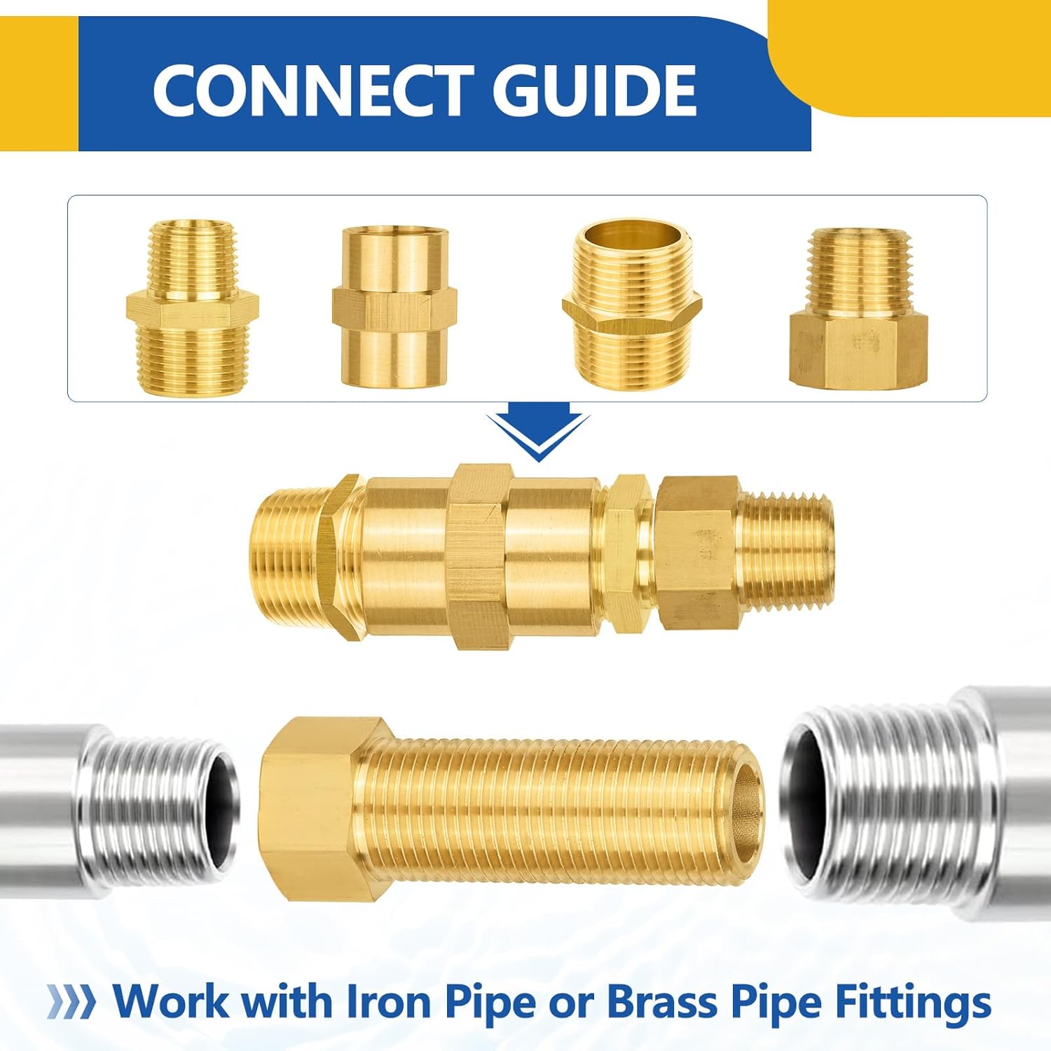 2-PACK GUOFIS Brass Pipe Fittings Female Adapter,1/2"Female Pipe(NPSF) x1/2" Male Pipe (NPSM) Extension Nipple Adapter,70MM