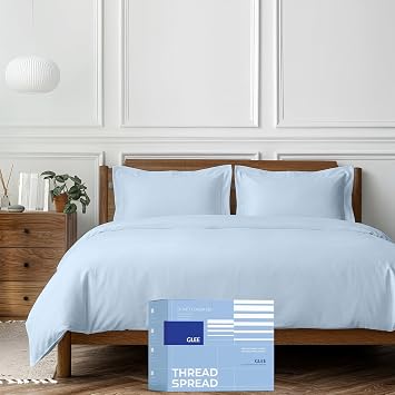THREAD SPREAD 100% Egyptian Cotton Full/Queen Duvet Cover Set - Luxury 400 Series Glee Collection Duvet Cover Queen Size, Soft & Durable Hidden Zipper Closure & 7 Corner Ties 3 PC, Light Blue