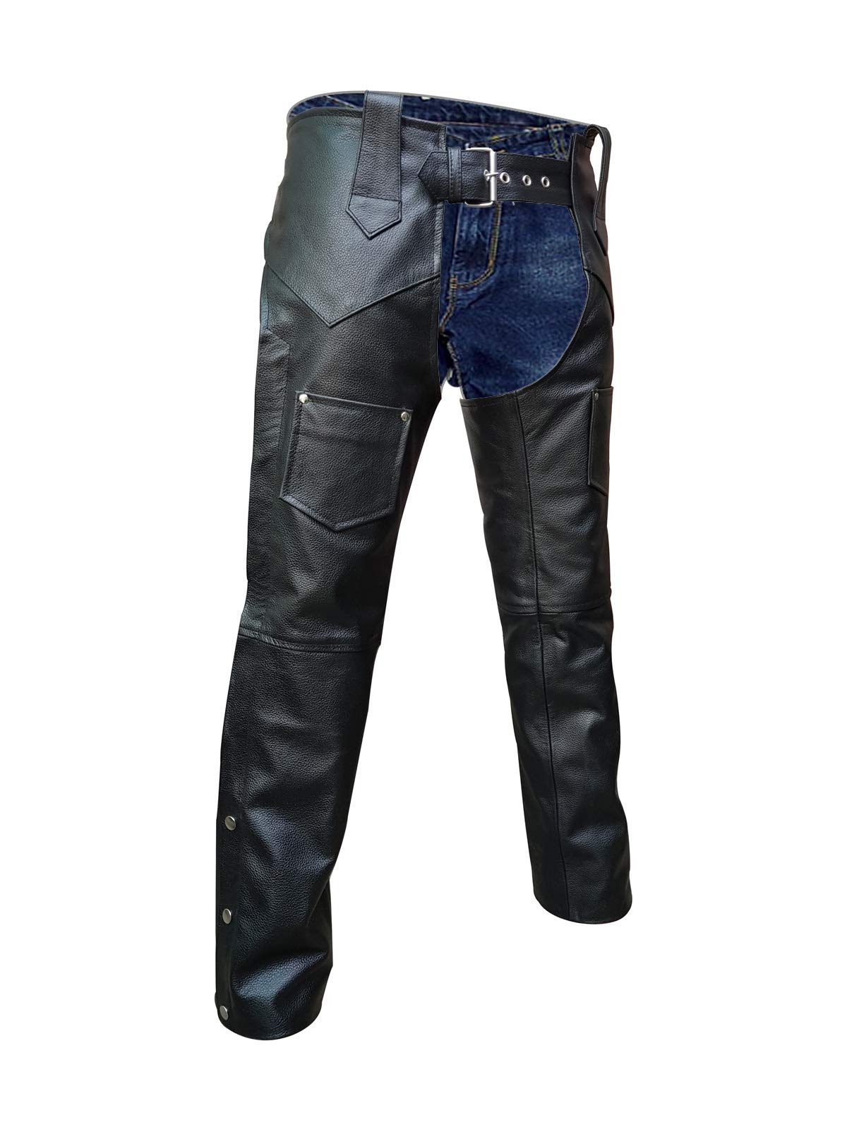 Mens Real Black Leather Chaps Motorcycle Bikers Chaps Trouser Pants Jeans