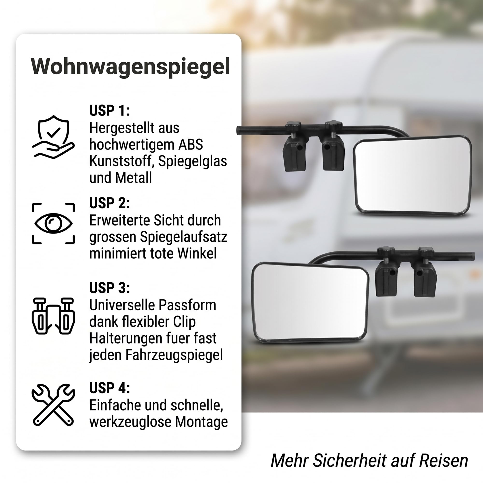Mucola Wohnwagen Spiegel Zusatzspiegel universal 2er Set 12x18 cm Schwarz | Inkl. Wasserwaage, werkzeuglose Anbringung, vibrationsfrei bei Tempo, erweitert das Sichtfeld, für Caravan und Anhänger