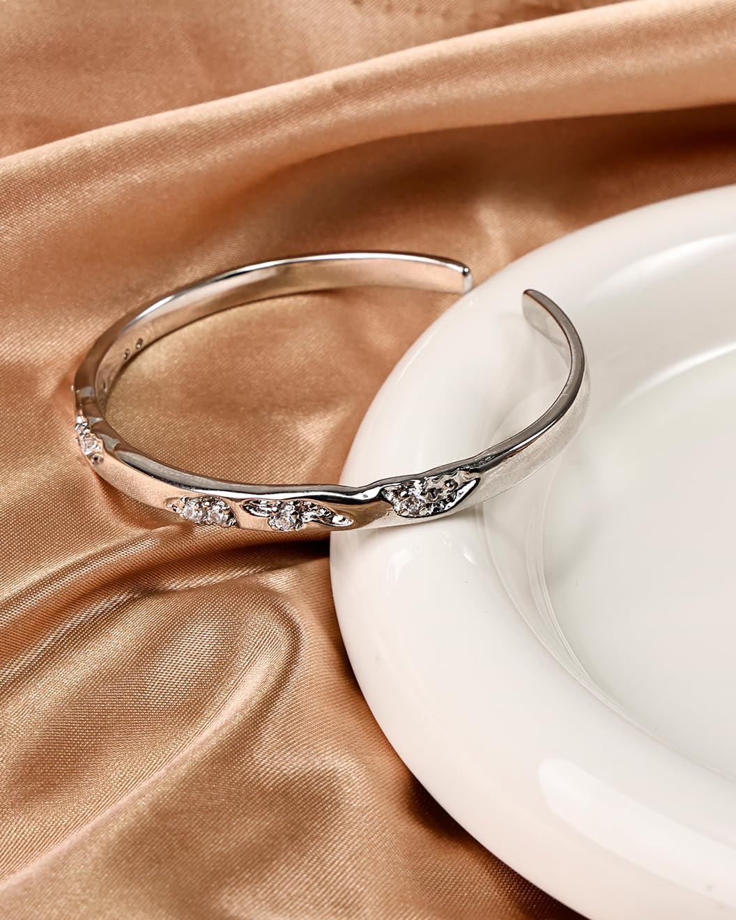 Modern Silver Cuff Bracelet with Irregular Textured Design and CZ Stones, Polished Sterling Silver Plated Bangles for Women — Adjustable Bangle Bracelet - Image 7