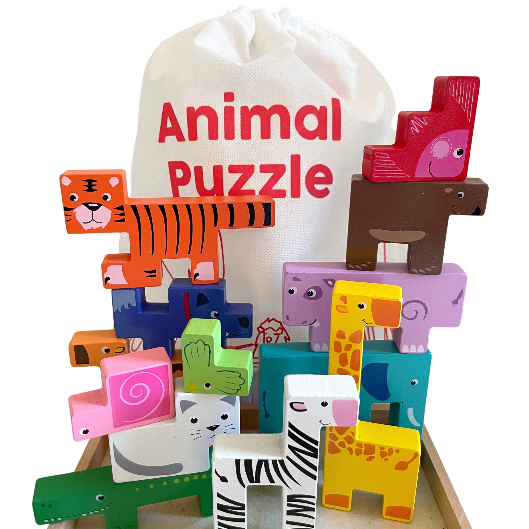 Bee SmartWooden Stacking Balancing Animal Activity Toy | Wooden Box & Bag | Kids Activity Montessori Educational Colourful Gifts for Preschool & Toddlers Boys & Girls