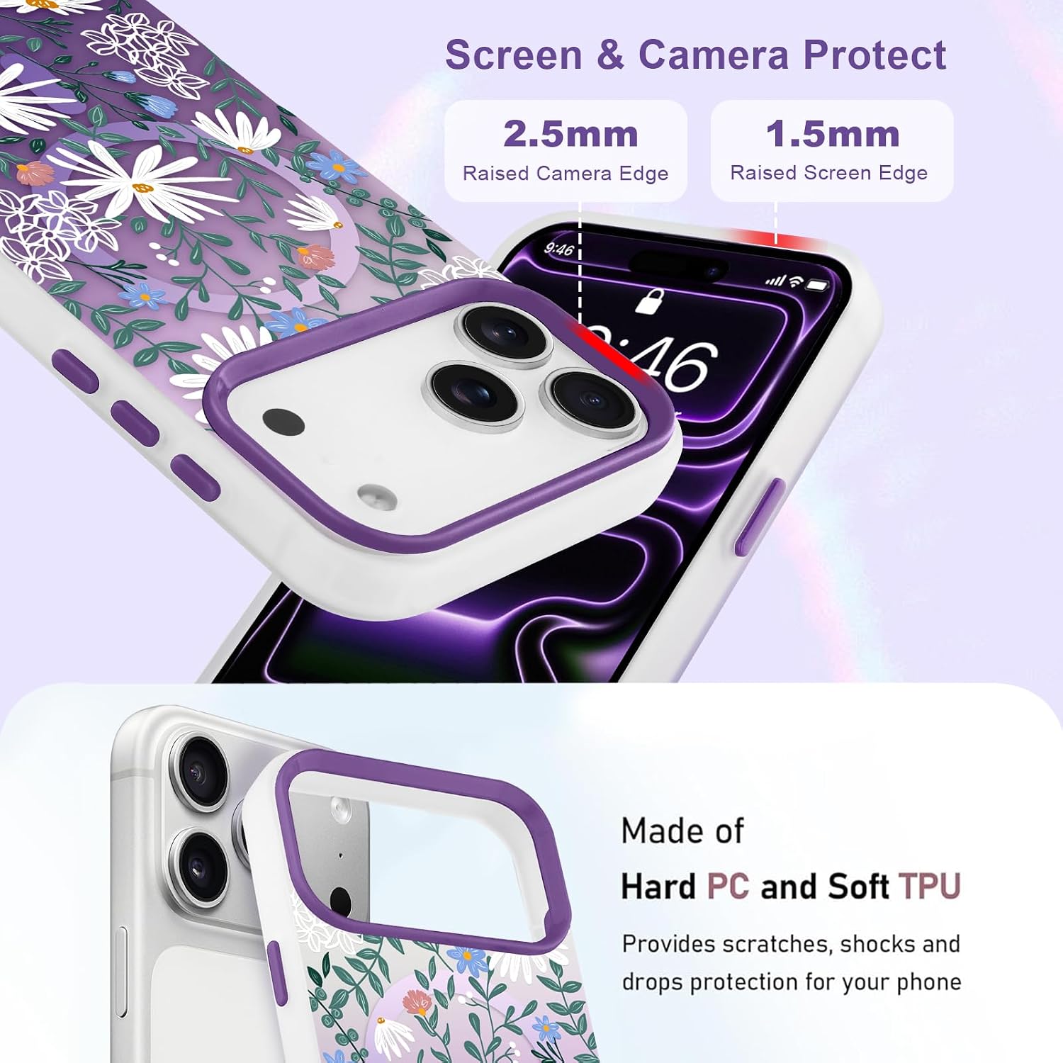 Magnetic for iPhone 17 Pro Max Case [Compatible with MagSafe] Pretty Gradient Daisy Flower Floral Pattern Design, Slim Shockproof Jelly Cover for Women Girls, Purple