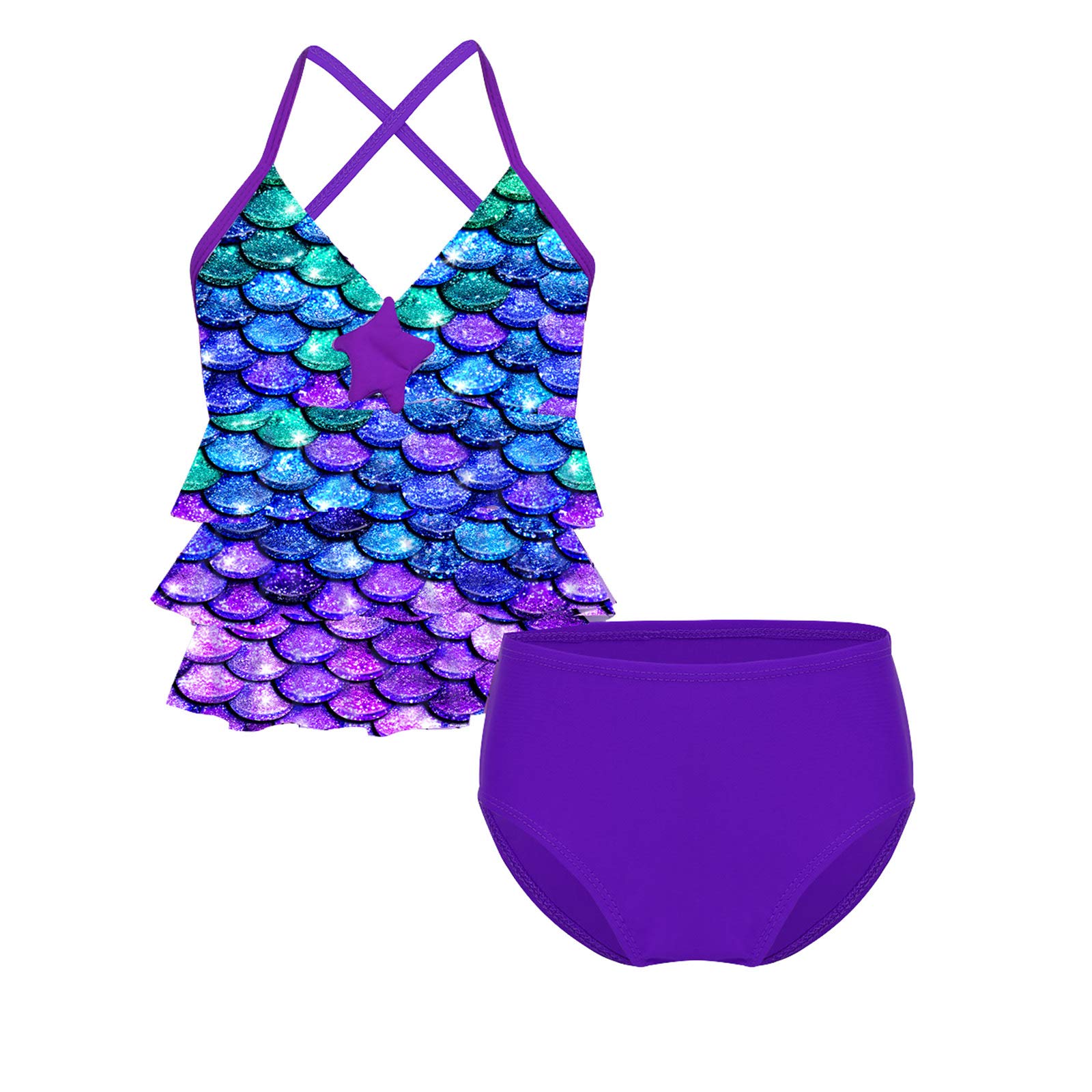 iiniim Bañador de Sirena Niña Brillante Ropa de Baño Traje de Baño Bikini Cuello en V Dos Piezas 2-16 Años
