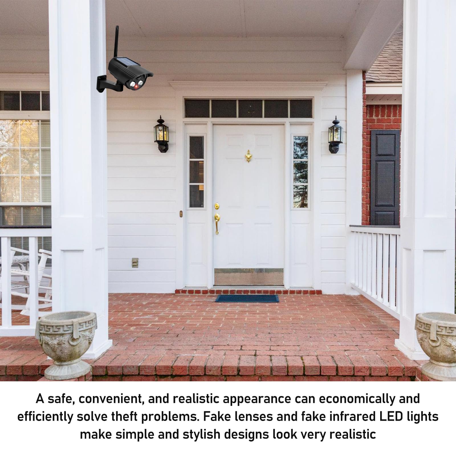 Lot de 4 caméras factices solaires factice d'extérieur avec lumière LED clignotante, factice solaire, caméra de surveillance factice pour garages, arrière-cours, portes d'entrée