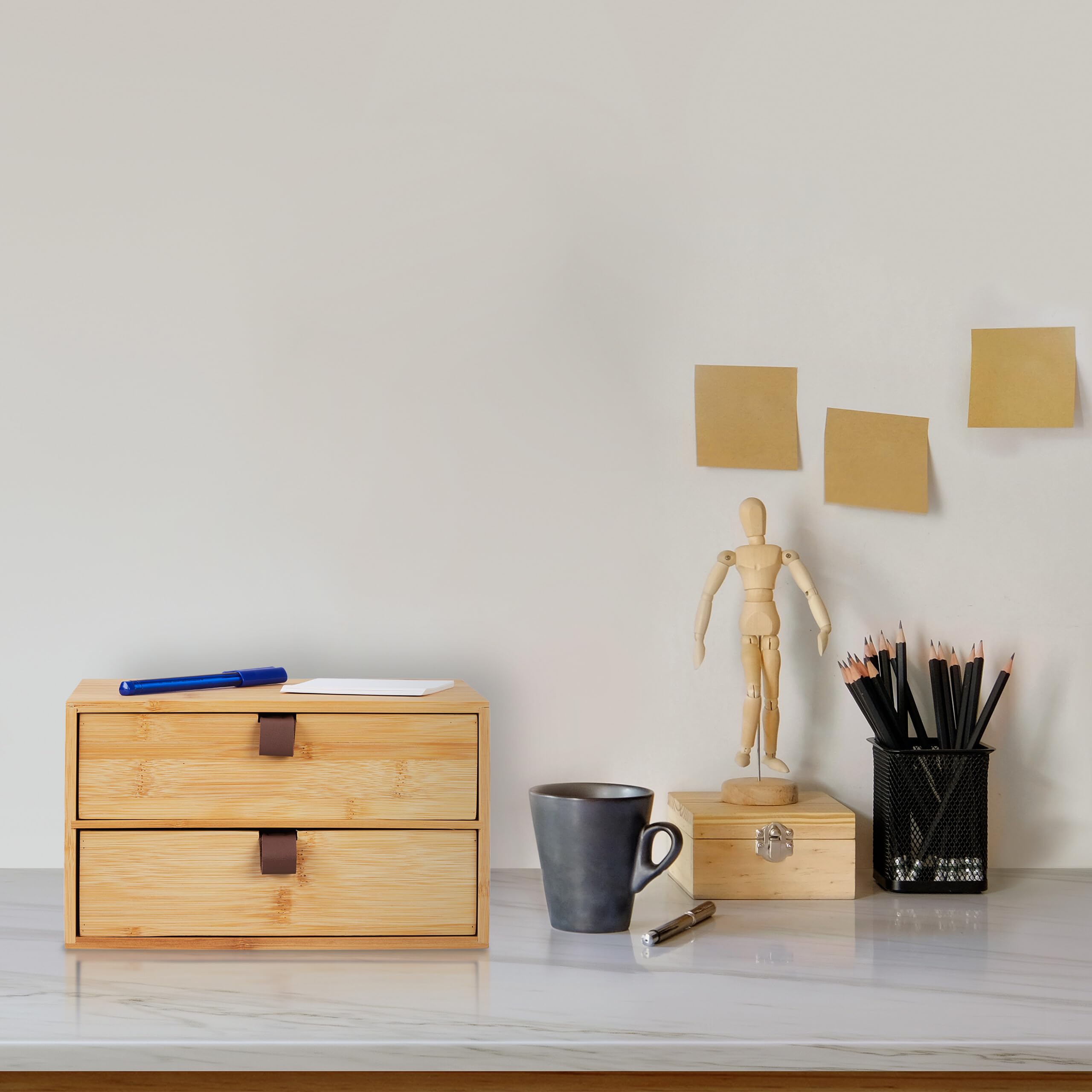 Relaxdays Organizer da Scrivania, Desk Portapenne da Ufficio con 2 Cassetti in bambù, HxLxP: 14,5 x 25 x 20 cm, Naturale