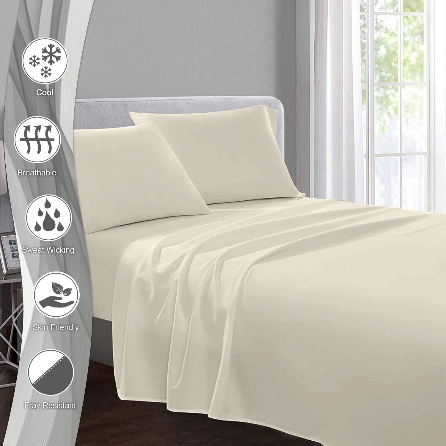 Pizuna Pure Combed Cotton Double Flat Sheet Ivory, 600 Thread Count Long Staple Brushed Cotton Flat Sheets Double - Image 2