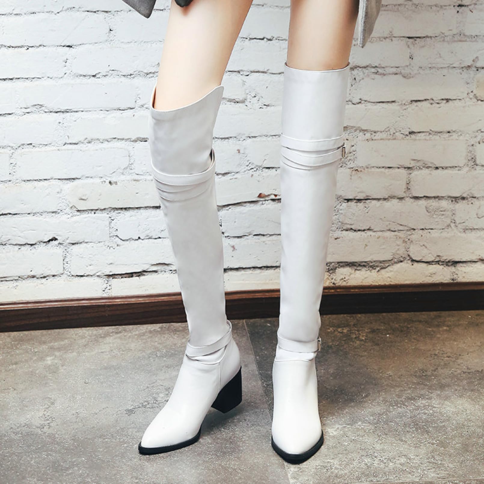 Mujer Botas Altas por Encima De La Rodilla para Punta Afilada Grueso Botas Largas De Cuero PU Slip-On Hebilla Botas Altas Tacón Botas Montar Botas Cálidas De Invierno