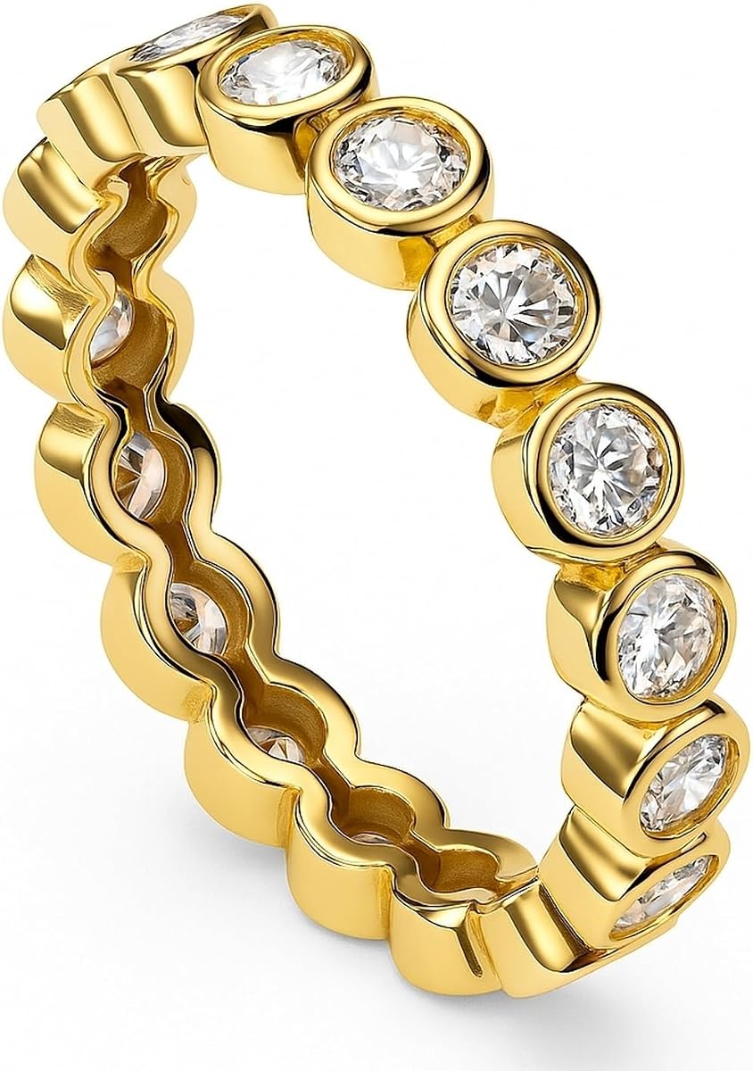 Anillos de novia de boda CZ de burbuja de plata de ley para mujer, bisel de circonita cúbica de corte redondo, banda Eternity en milgrain/diseño clásico, chapado en oro amarillo/rodio