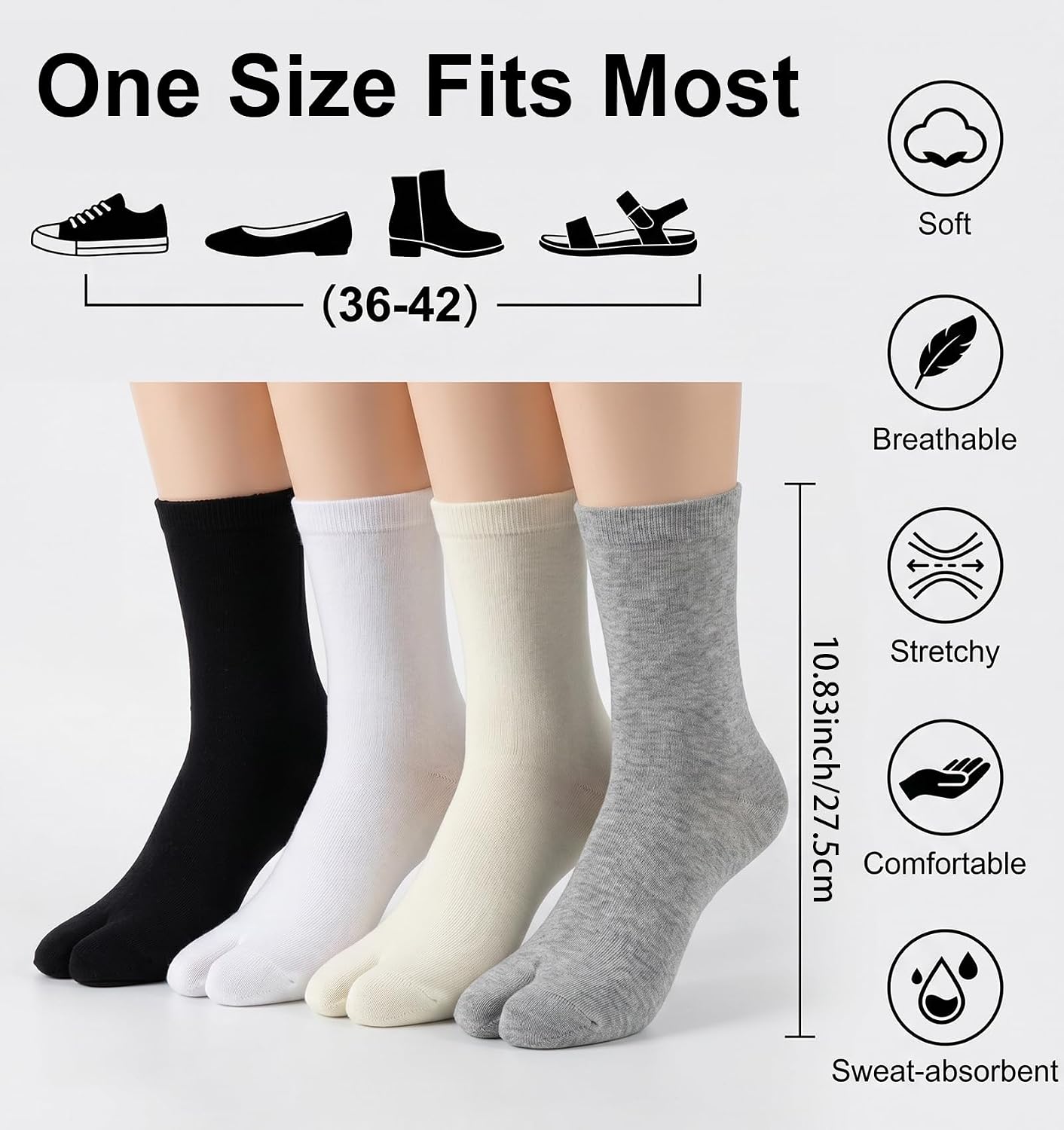 4 Pairs Tabi Socks Women, Cotton Japanese Socks Split Toe, One Size | Tabi Socks Women, Cotton Japanese Socks Split Toe for Women & Men, Tabi Sock Ideal for Sandals & Sneakers, One Size Fits Most