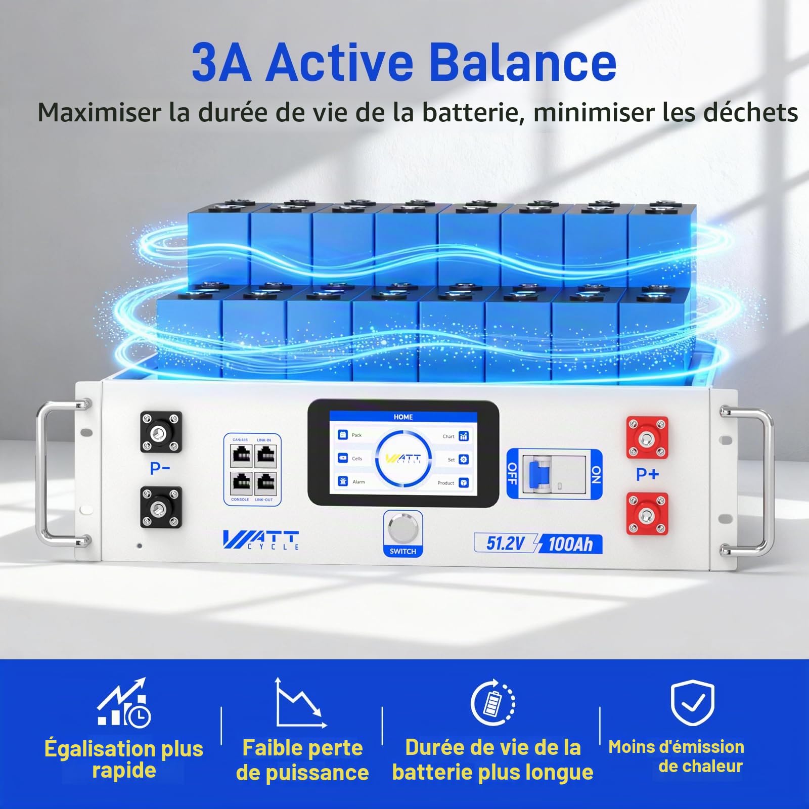 Wattcycle Batterie Lithium Server Rack 48V 100AH, Bluetooth Batterie Lifepo4 48V (51.2V) avec BMS Intelligent 100 A, 6000+ Cycles avec 10 Ans, 5kWh Energie pour Système Solaire, Camping-Car, Marine