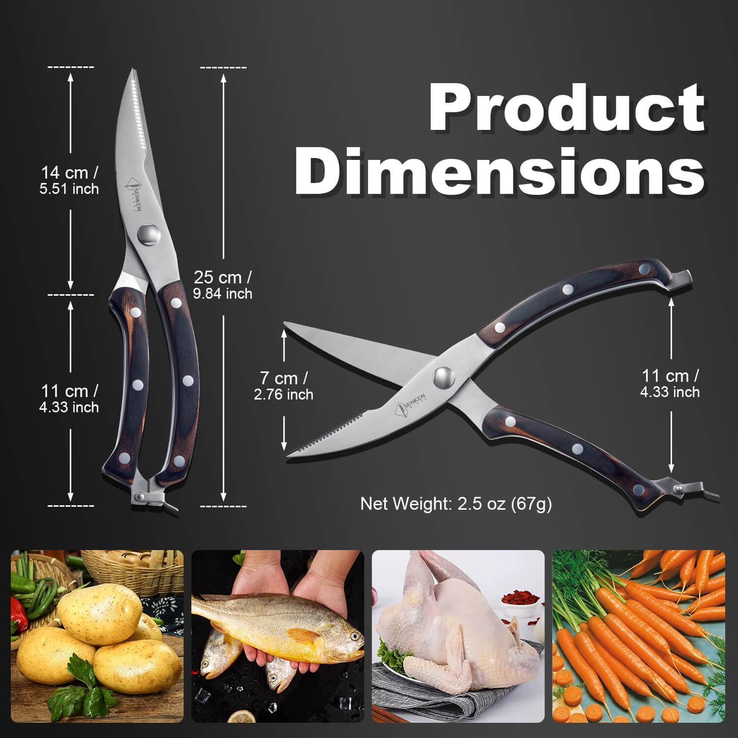 SENKEN All Purpose Kitchen Shears - Imperial Collection - Heavy Duty Kitchen Scissors for Food & Cooking - Razor Sharp Micro-Serrated Blade & Polished Triple-Riveted Wood Handle