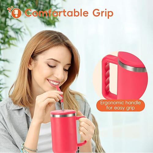 Miniatura 6 de VUSIGN Vaso de 40 onzas con asa y tapa con pajilla, vaso de acero inoxidable aislado al vacío, taza de viaje para agua, té helado, café, batido,