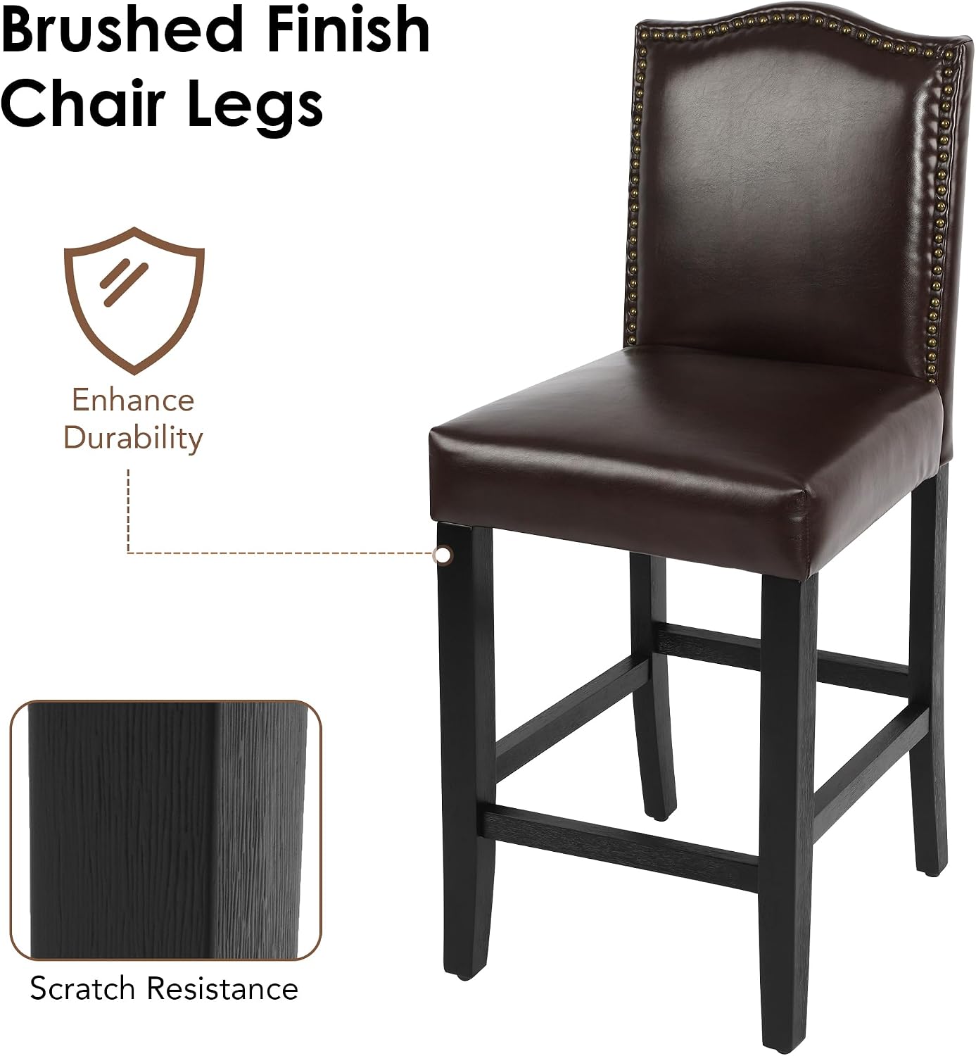 LSSBOUGHT Bar Stools Set of 2,24 Inch Upholstered PU Leather Counter Height Bar Stools,Modern Counter Stools with Nailheads and Solid Wood Legs for Home Kitchen and Restaurant,Brown