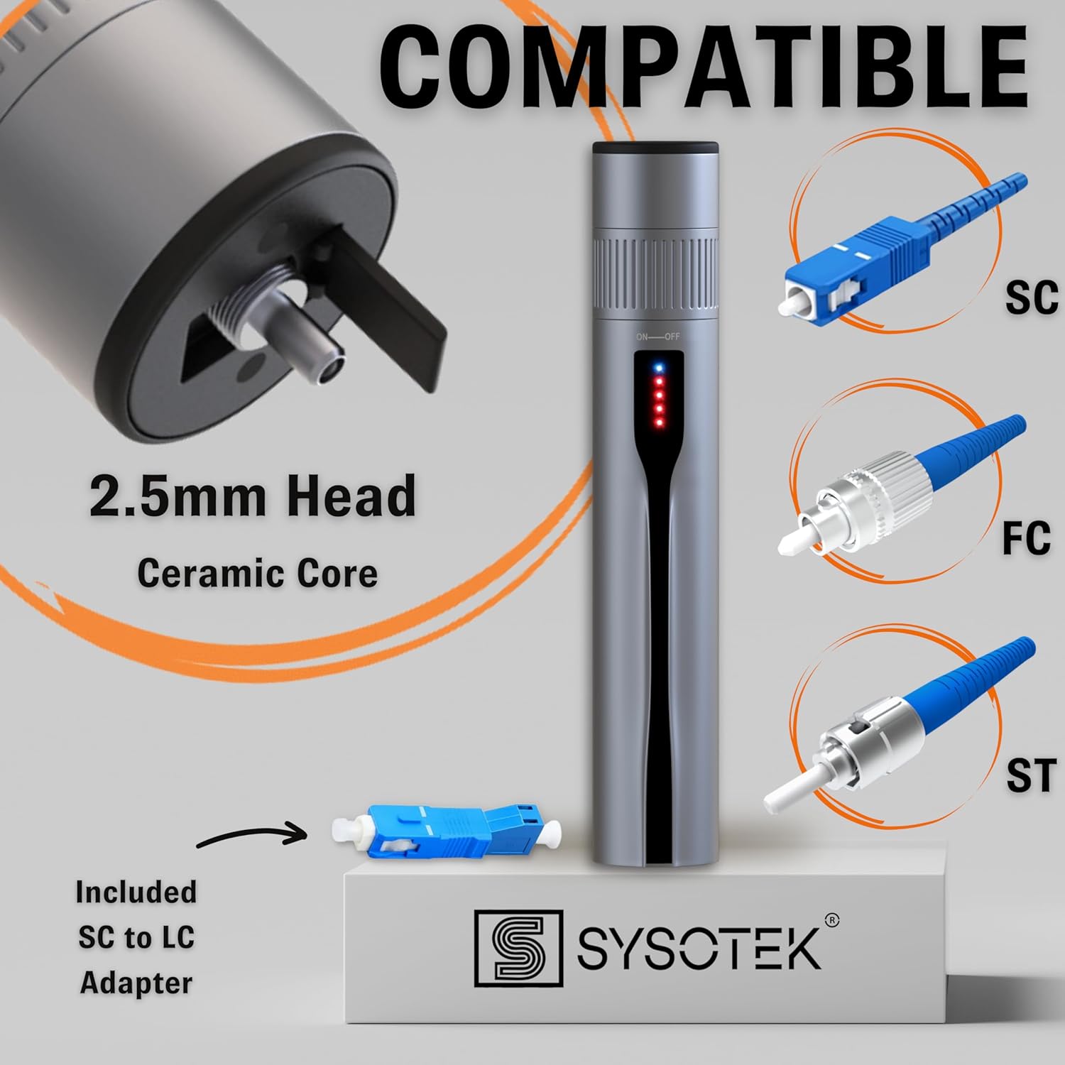 Visual Fault Locator Fiber Optic – Rechargeable VFL Tool Kit – Retractable Head Fits SC FC ST – Optical Laser Light Pen Fiber Tester with Protective Case and LC Adapter