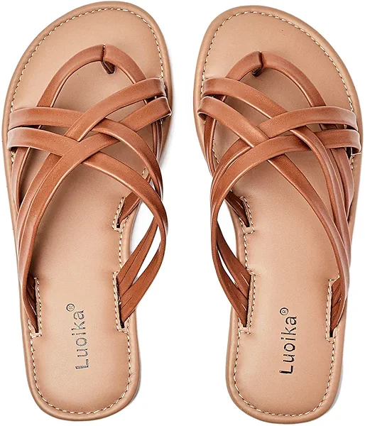 Luoika Women's Wide Width Flat Sandals, Flip Flop Slides Sandal Casual Strapy Sandal Slip on Summer Beach Shoes for Women.