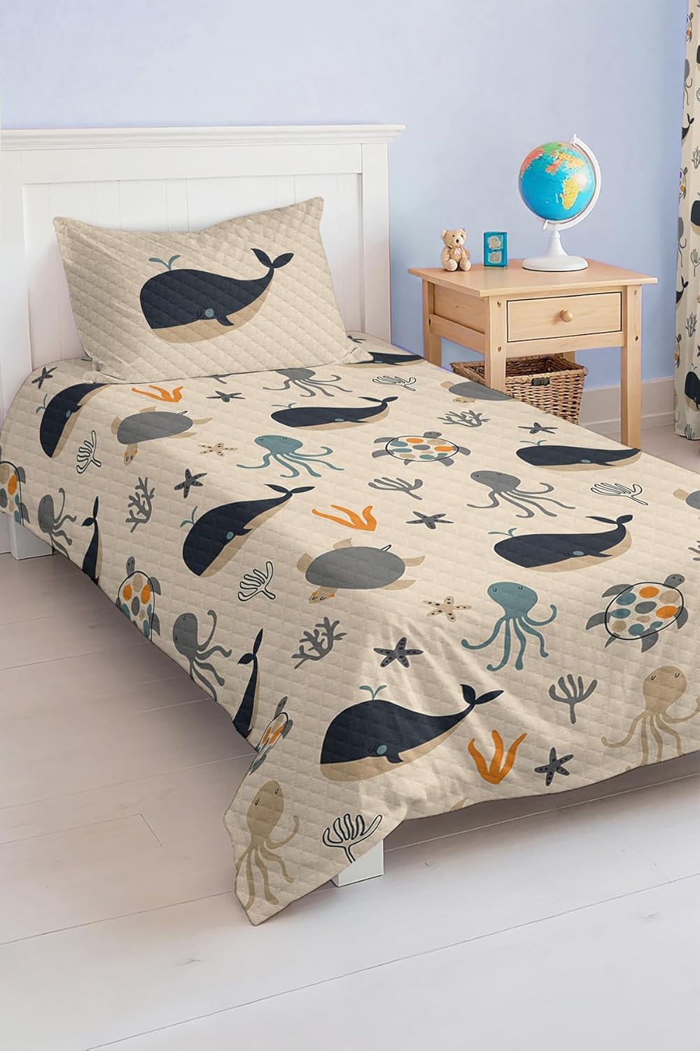 SODEF Quilt Set Twin Size, Sea Creatures Pattern, Kids and Teens Room Decor, Fade Resistant Cotton Polyester Blend, 2 Piece Set - Multicolor, One Size