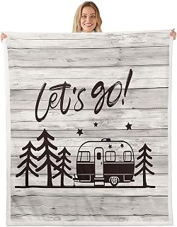 Happy Camping Bed Blanket Travel Car and Tree Throw Blanket Lightweight Soft Cozy Luxury Camper Fleece Blanket Vintage Wood Panels Flannel Blanket for Sofa Bedroom Office All Season(Twin 60"x80")