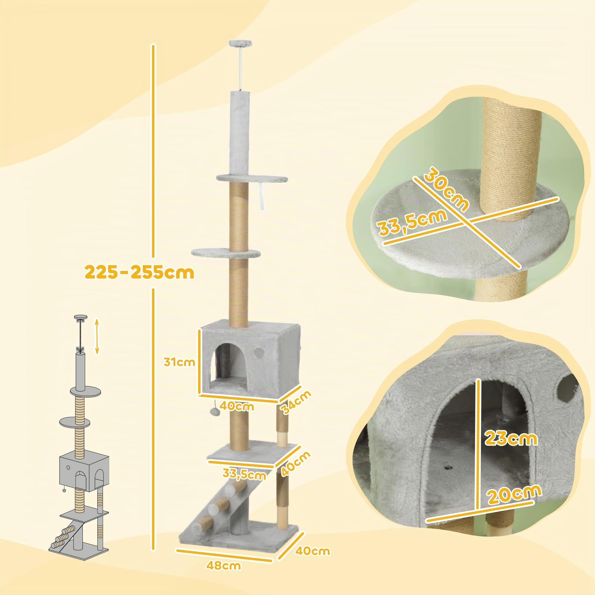 PawHut Árbol para Gatos de Suelo a Techo con Escalera 225-255 cm Gris Claro | Árbol Rascador para Gatos, Altura Ajustable, Múltiples Plataformas, Bola Colgante
