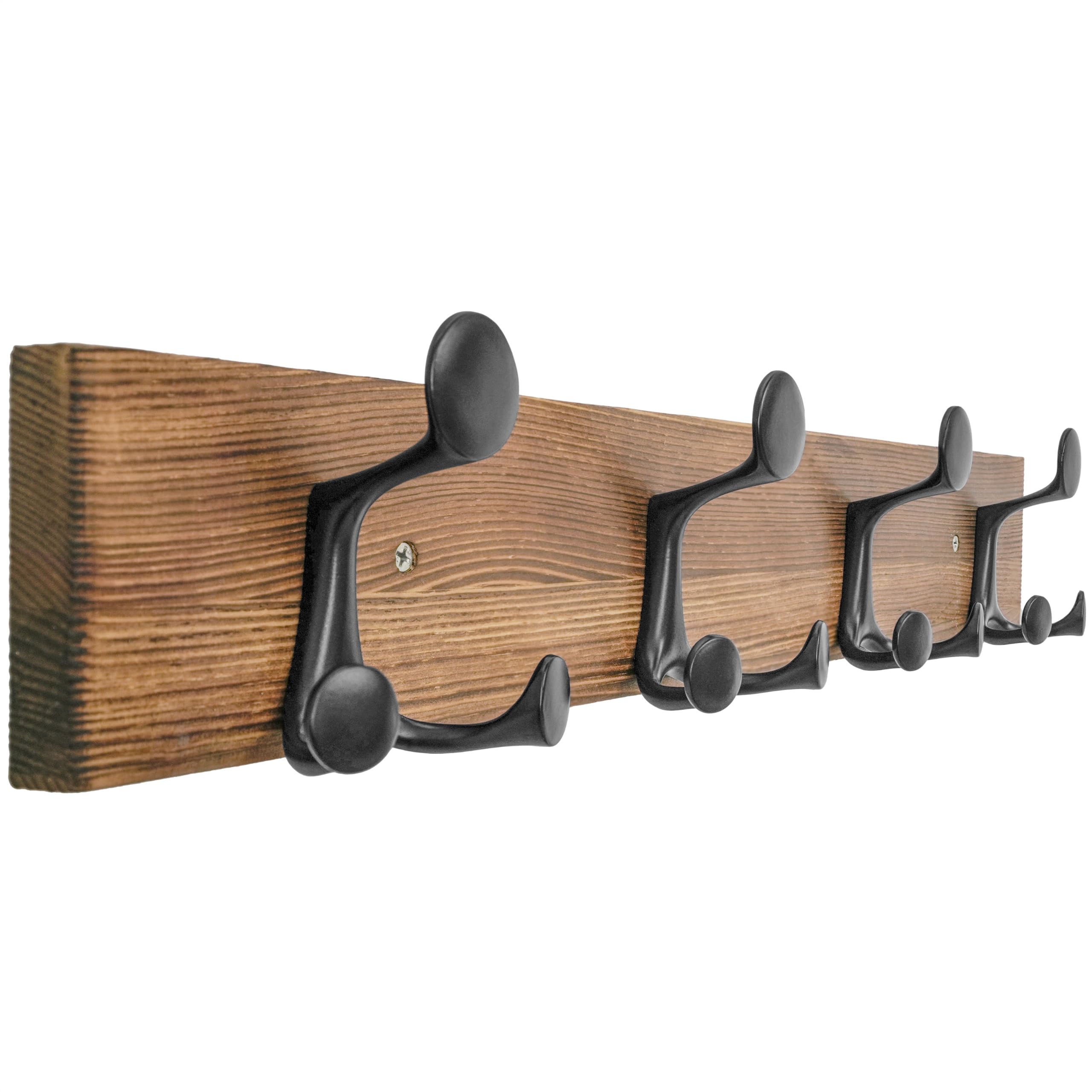 HONSKY Wall Mounted Coat Rack, 61cm Brown Pine Wood Base, 4 Black Sturdy Aluminium Alloy Triple Hooks(12 Hanging Points), Wall Coat Hanger for Entrance Hall, Mudroom, Cloakroom & Bedroom