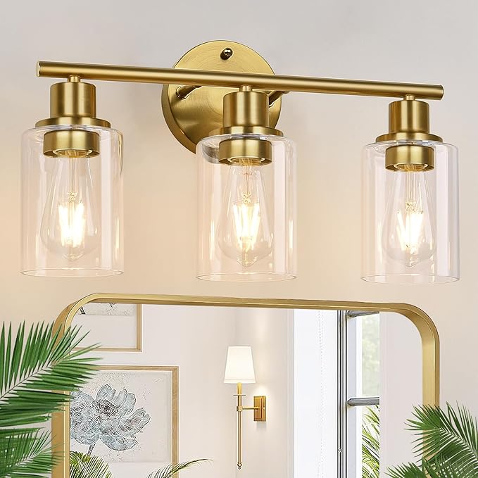 3-Light Gold Bathroom Light Fixtures, Modern Bathroom Vanity Light with Clear Glass Shade, Brushed Gold Bath Wall Mount Lights, Wall Lamp for Mirror Kitchen Bedroom Hallway Living Room Hallway