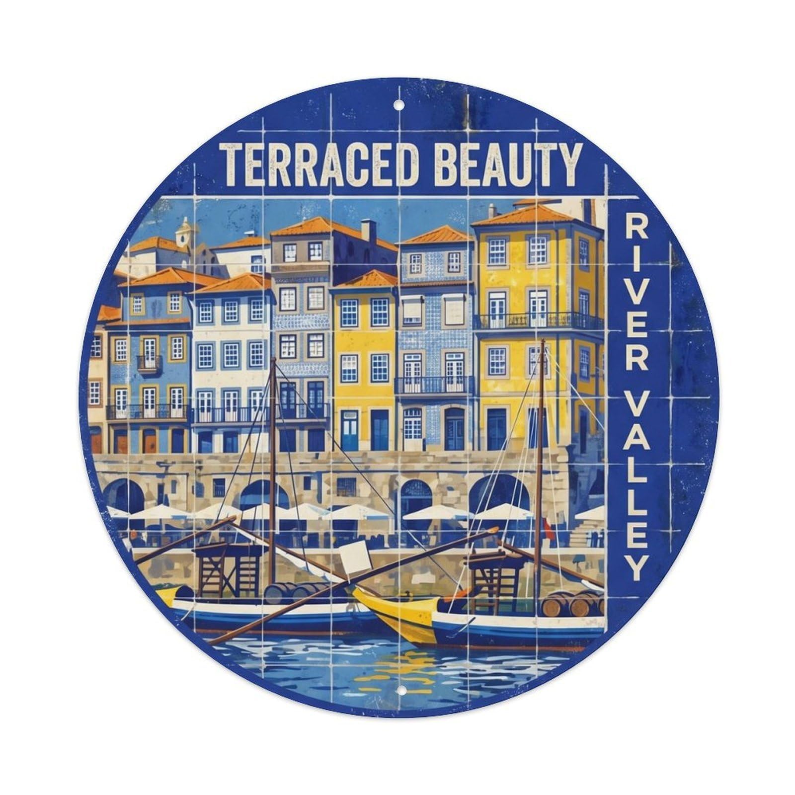 Vintage Travel Riverside Portugal Vintage Metal Tin Sign Plaque Wall Decor for Cafe, Club, Garden Round Metal Poster 8x8Inch