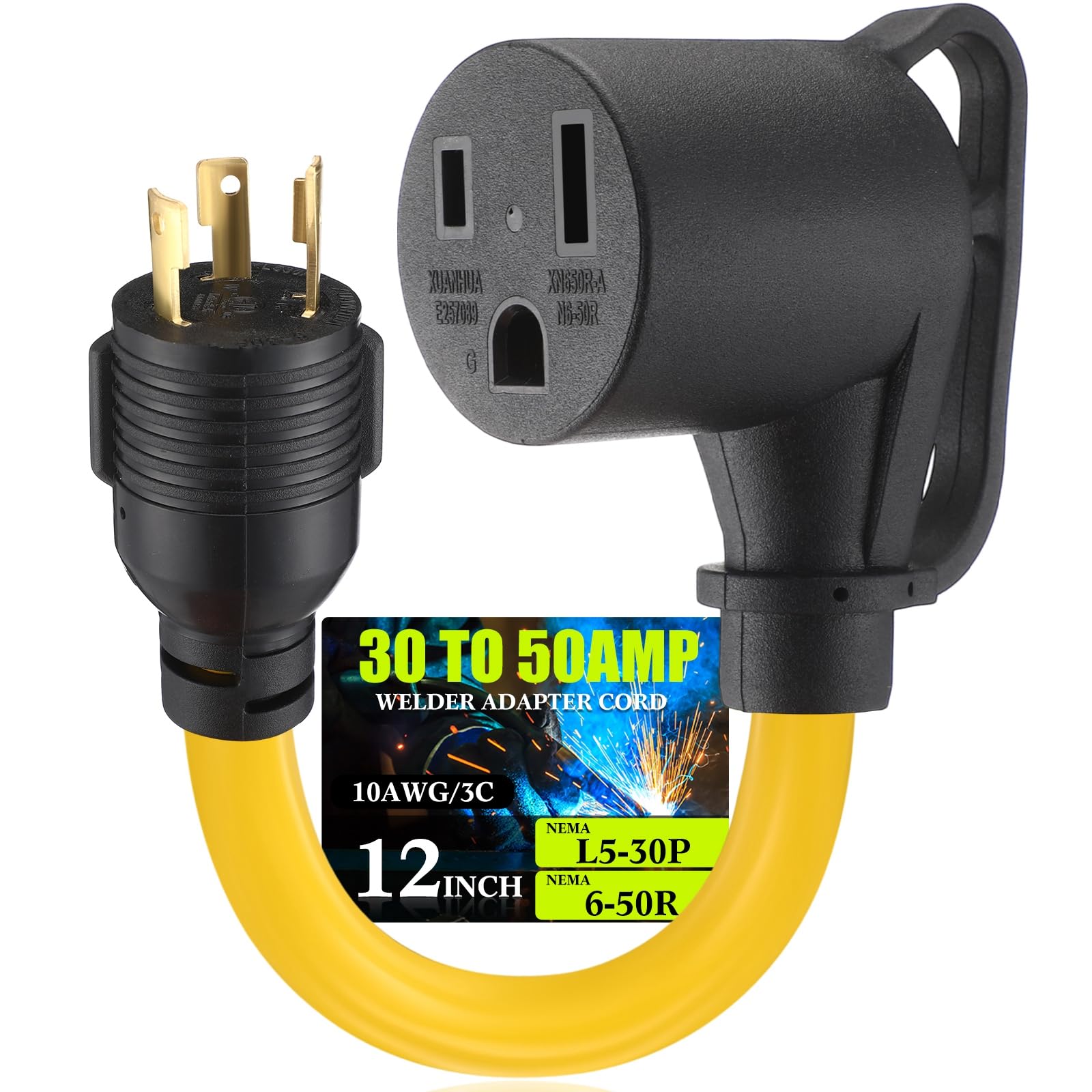 Tellegloww 1ft 30amp to 50amp Welder Adapter Cord, Compatible with Nema L5-30p Male to 6-50r Female Locking 3 Prong to 3 Prong Welding Power Adapter,