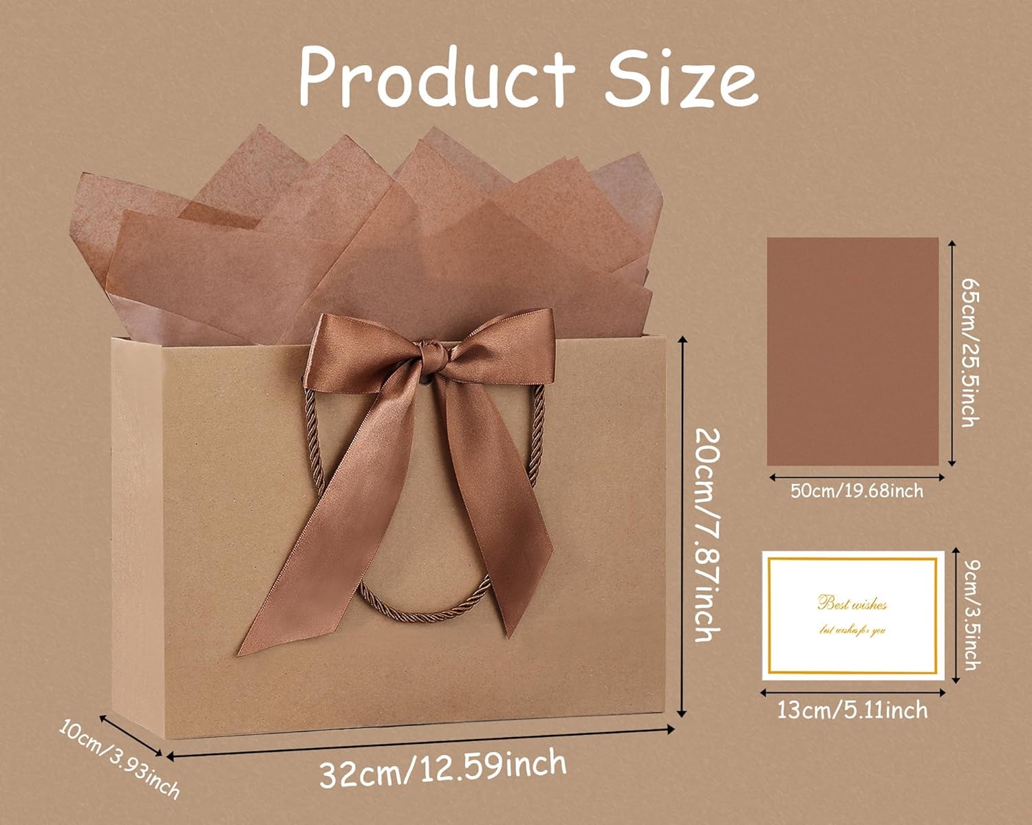 YoungTree Medium Gift Bag with Ribbon and Greeting Card 2 Tissue Papers, Paper Birthday Gift Bag with Handles, Present Bags for Valentines Day Wedding Engagement Anniversary Party Supplies (Kraft) - Image 4