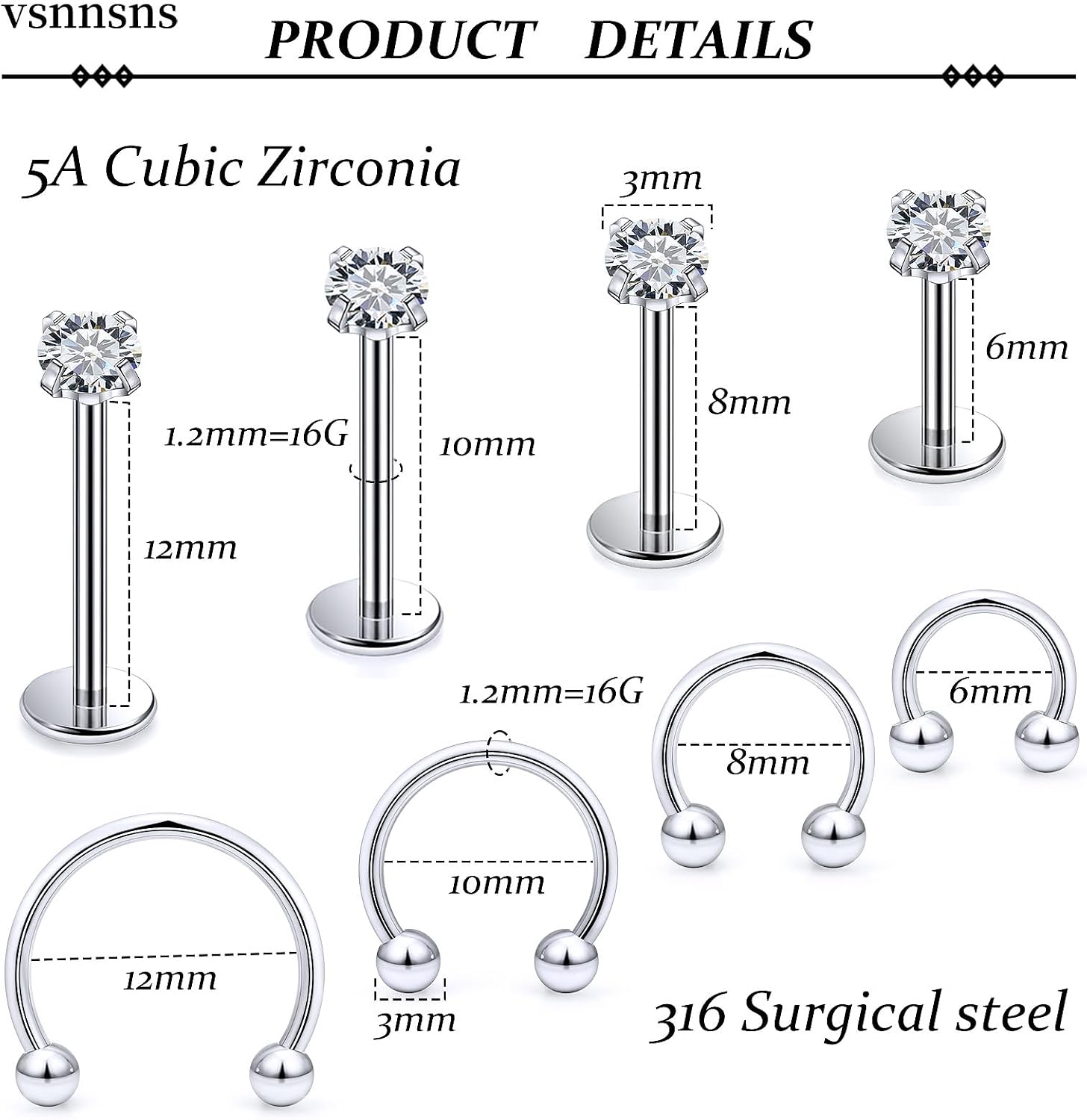 Vsnnsns 16G Lip Rings Stainless Steel Horseshoe Snake Bite Monroe Labret Medusa Lip Piercing Jewelry Tragus Daith Forward Helix Conch Cartilage Earrings Studs Piercing Jewelry for Women Men 16 Gauge