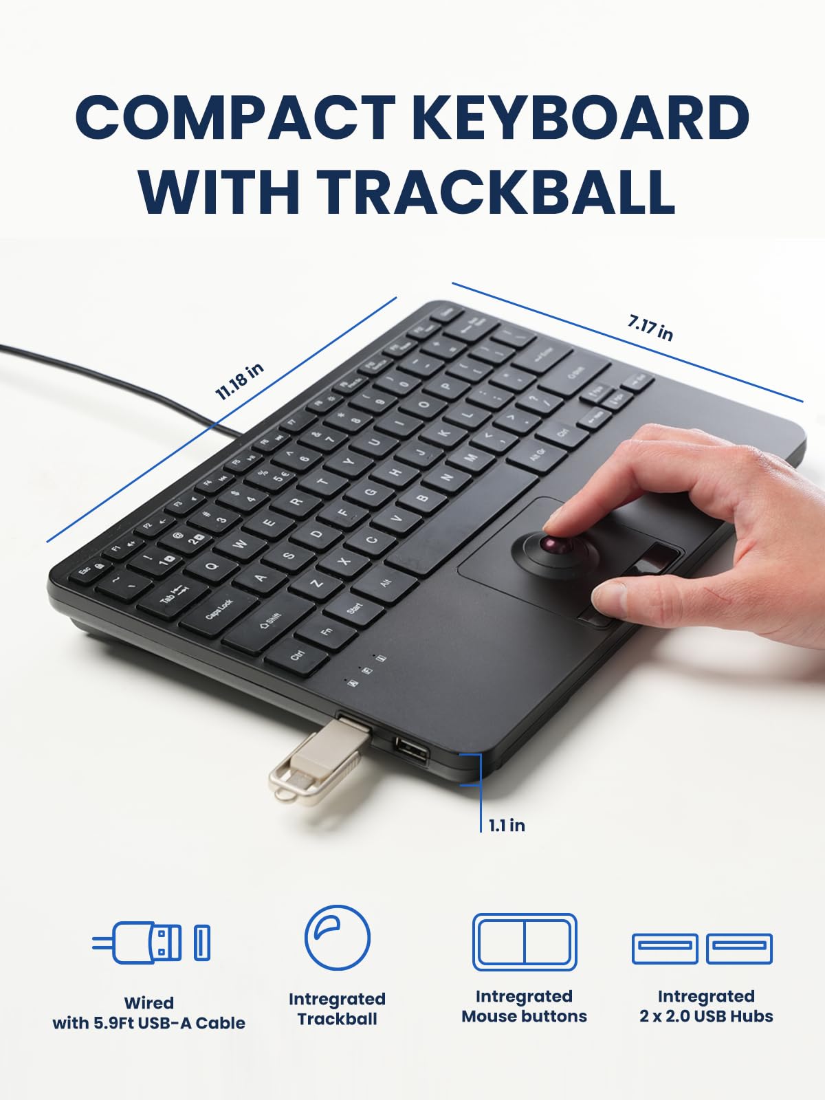 Perixx PERIBOARD-427 US, przewodowa podświetlana klawiatura USB z kulką trackball - funkcja White and Red Backlit - Compact 11.18x7.17x1.1 inch Dimension - wbudowana w 2 koncentratory USB - US English