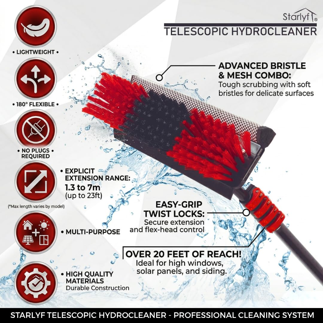 Brosse de Nettoyage télescopique jusqu'à 7 m, alimentée par l'eau, Brosse de Nettoyage de gouttière, toiture, Nettoyage des Panneaux solaires (Brosse télescopique de 7 mètres)