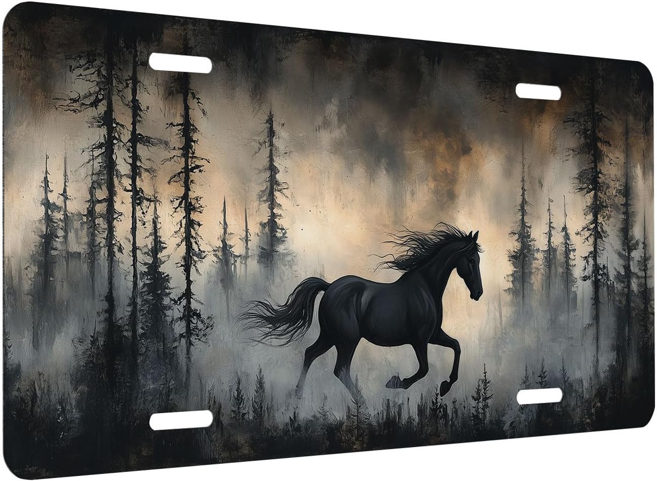 Black Horse Front License Plate for Men Moody Forest Mist Gothic Nature Car Vanity Plates Decorative Aluminum Metal Cute Novelty License Plate 6x12 Inch (4 Holes)