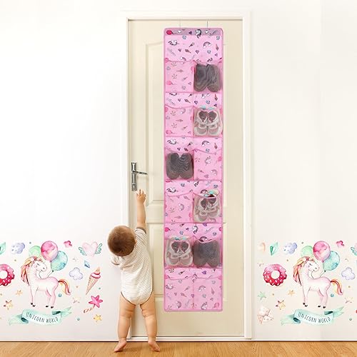 Miniatura 8 de Windyun Organizador de zapatos para niños sobre la puerta, 24 bolsillos, organizador de botellas de agua de unicornio para bebé, estante colgante