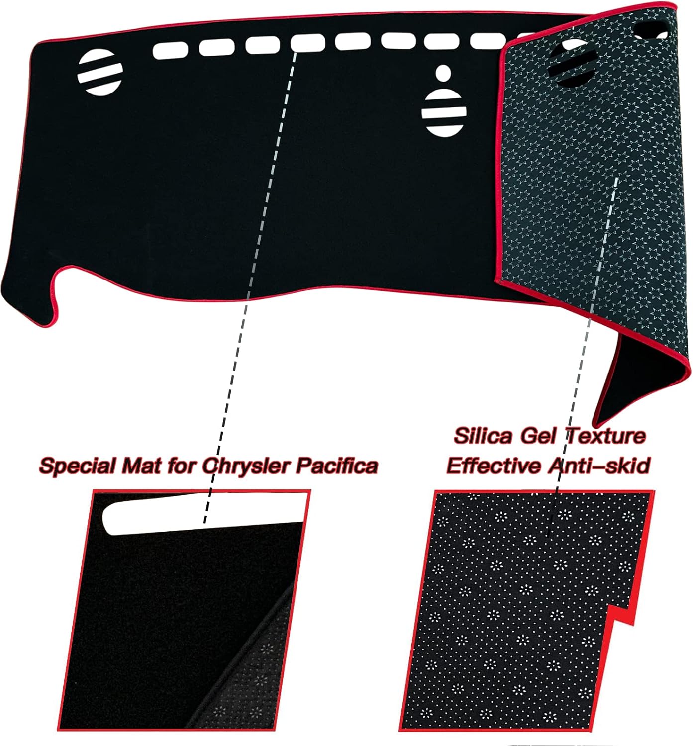 Dash Mat Cover Custom Interior Center Console Compatible with Chrysler Pacifica Minivan 2017 2018 2019 2020 2021 2022 Dashboard mat Covers Accessories (Red Trim)