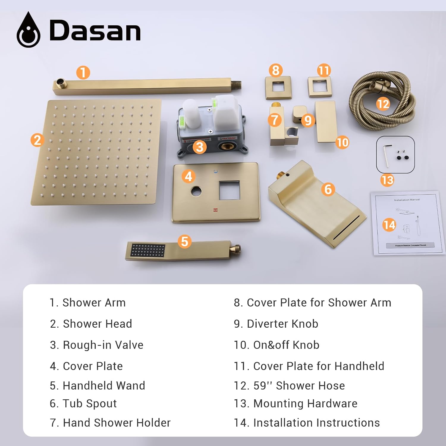 DASAN Tub Shower Faucets Sets Complete Brushed Gold Bathtub Shower System with Waterfall Tub Spout, Bathtub Faucet Set Tub and Shower Faucet Combo Trim Kit with Valve, DA-SS04BG-S10W