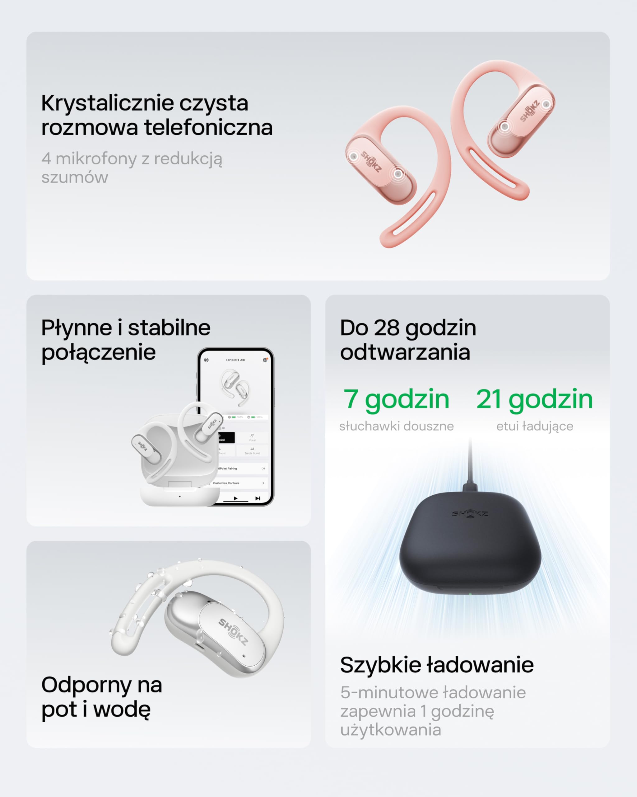 Shokz OpenFit Air słuchawki open-ear, szybkie ładowanie, Czarne | True Wireless, 28h baterii, IP54, szybkie ładowanie, mikrofon, z etui, do treningu i codziennego użytku