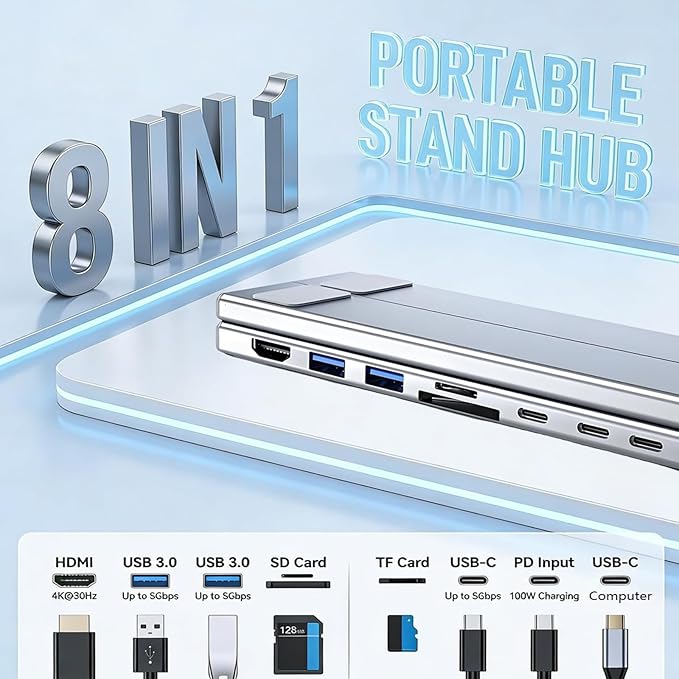 Base Soporte para Laptop 8 en 1 con Hub USB C, 4K HDMI, 100W PD, 5 Puertos miniatura 2