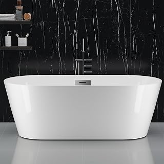 59''Freestanding Bathtub, Deep Soaking Tub for Adults, Stand Alone Tub with Integrated Overflow Drain, CUPC Certified Modern Bathroom Tub, Acrylic, White