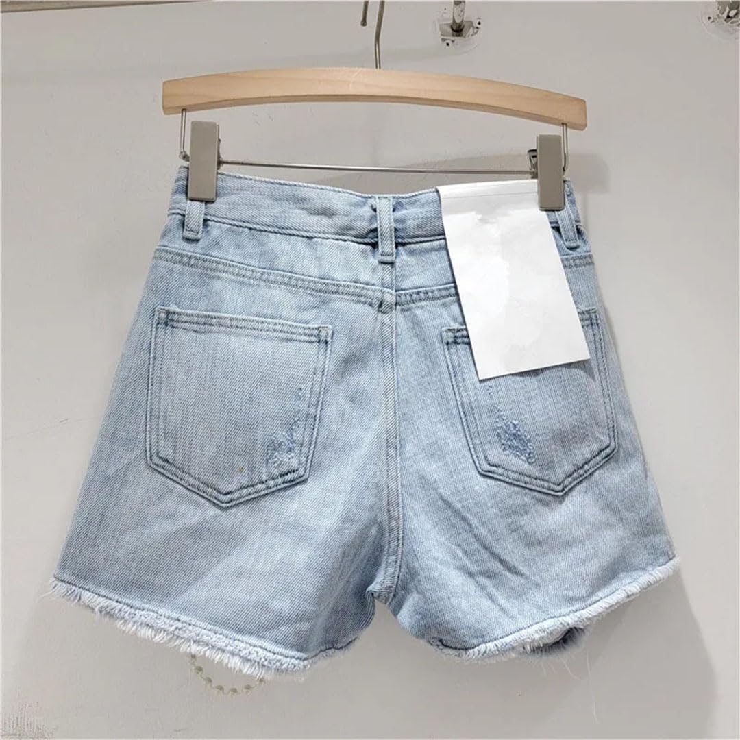 Hgvcfcv Women's Denim Shorts High Waist Solid Color Beading Patchwork Short Pants Female Trendy