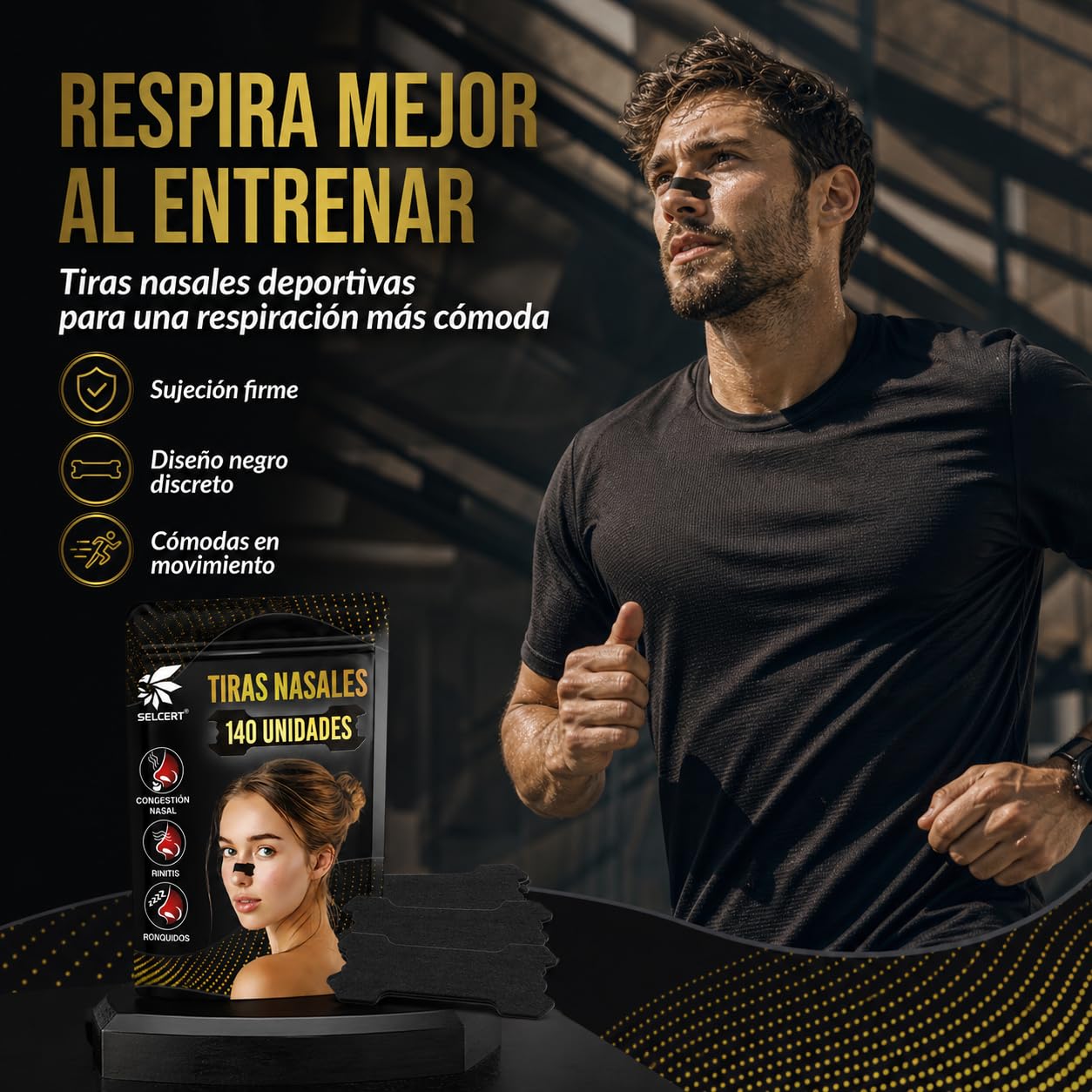 Tiras Nasales Antirronquidos x140 - Dilatador Nasal Negro para Dormir Mejor, Deporte y Congestión Nasal - Nasal Strips/Nose Strips, Adhesivo Fuerte
