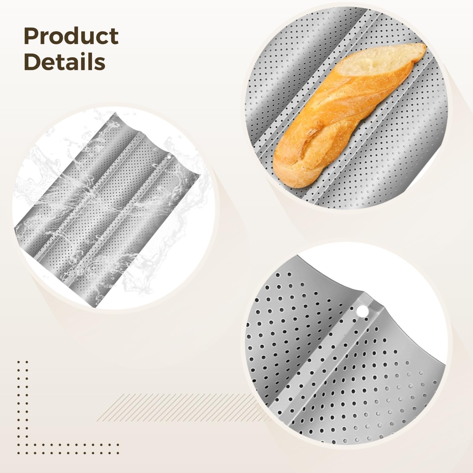 French-Baguette-Brotbackform, 3-Kammern perforierte Lochform, Antihaft-Backblech für französische und Sauerteig-Baguettes, Carbonstahl, ofenfest, spülmaschinengeeignet, 37,8 x 24,4 cm