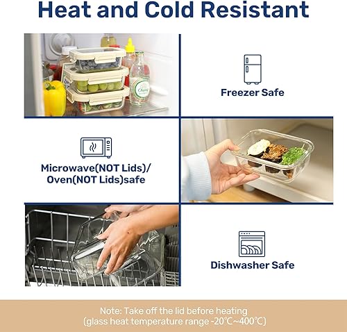 Miniatura 6 de Simple Deluxe Recipientes de comida con tapas de vidrio exclusivas, recipientes de almacenamiento de vidrio con tapas, sin BPA, fiambreras de vidrio