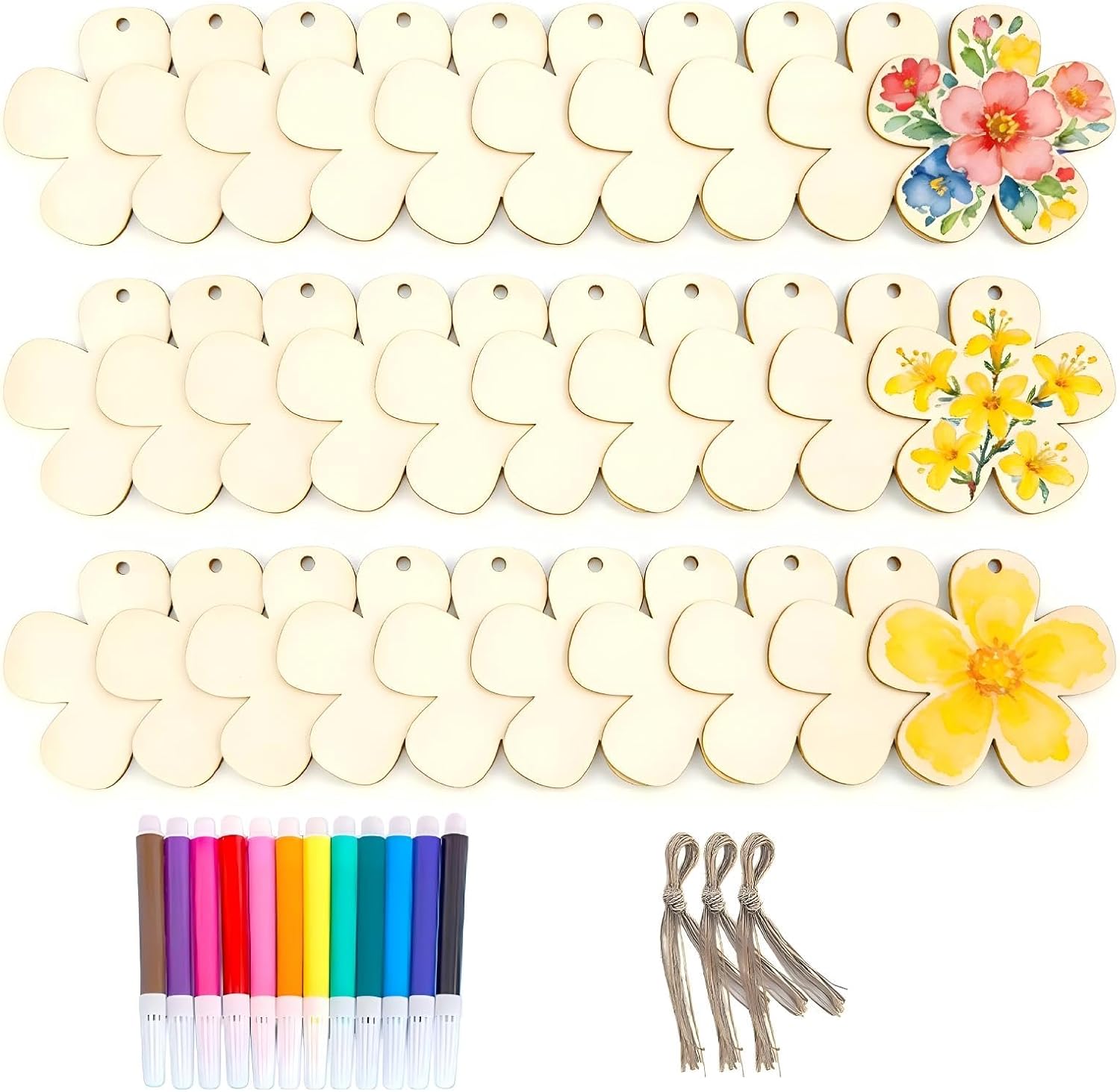 LÉ ÉCLAT 42Pcs Unfinished Wooden Flower Cutouts Set with Holes