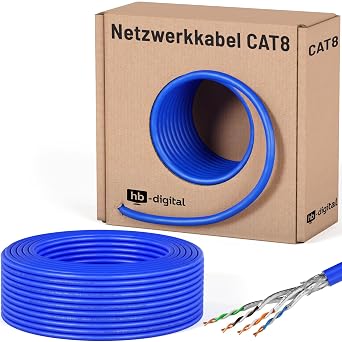 HB-DIGITAL 50 m Cat. 8 Network Cables Installation Cable B2Ca Data Cable Inner Diameter 0.6 mm Ethernet LAN Cable up to 40 Gbit/s Copper S/FTP max. 2000 MHz PIMF LSZH Halogen-Free AWG 22/1 Blue