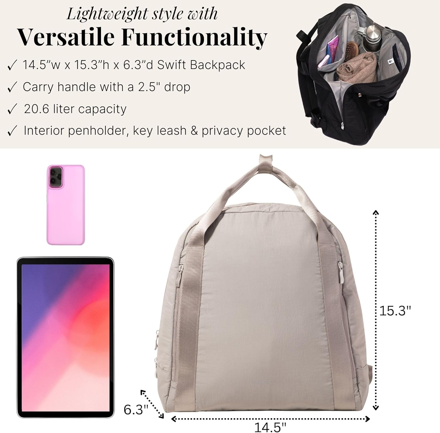 Baggallini Swift Backpack - Lightweight 4.5”x15.3”x6.3” Travel Backpack with RFID Pocket, Luggage Sleeve and Padded Straps